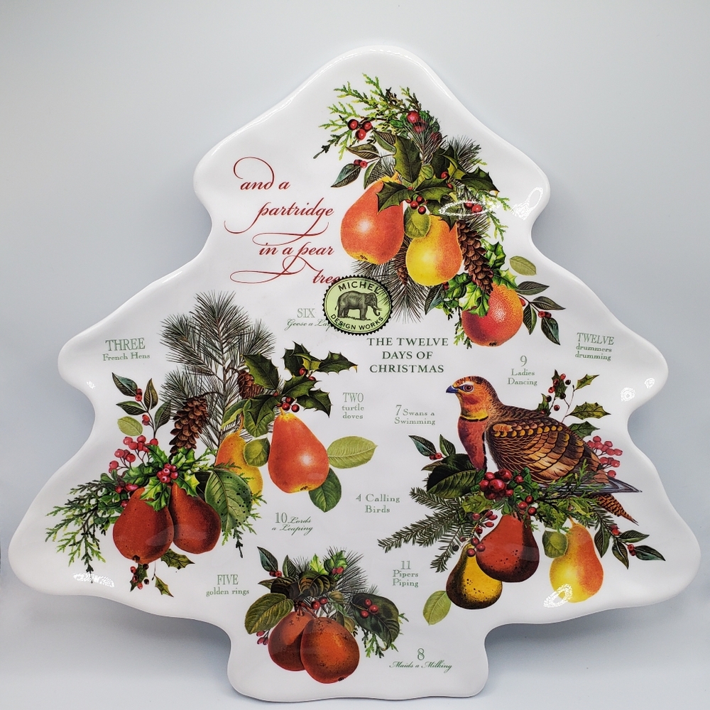 Michel Design Works Christmas In A Pear Tree Shaped Melamine Serveware Plate NEW